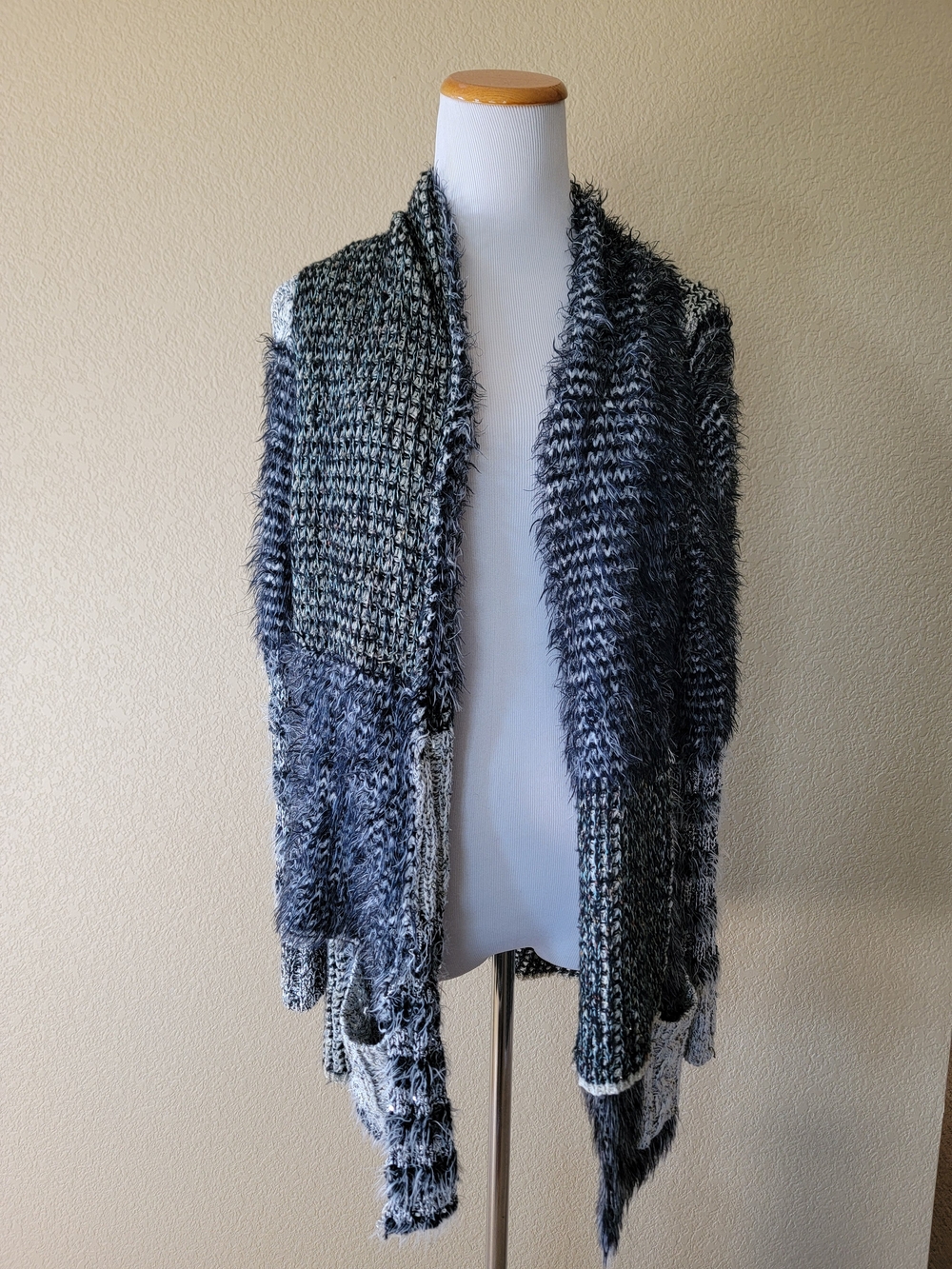 Desigual Gray and Black Open-Front Patchwork Knit Cardigan, Size M